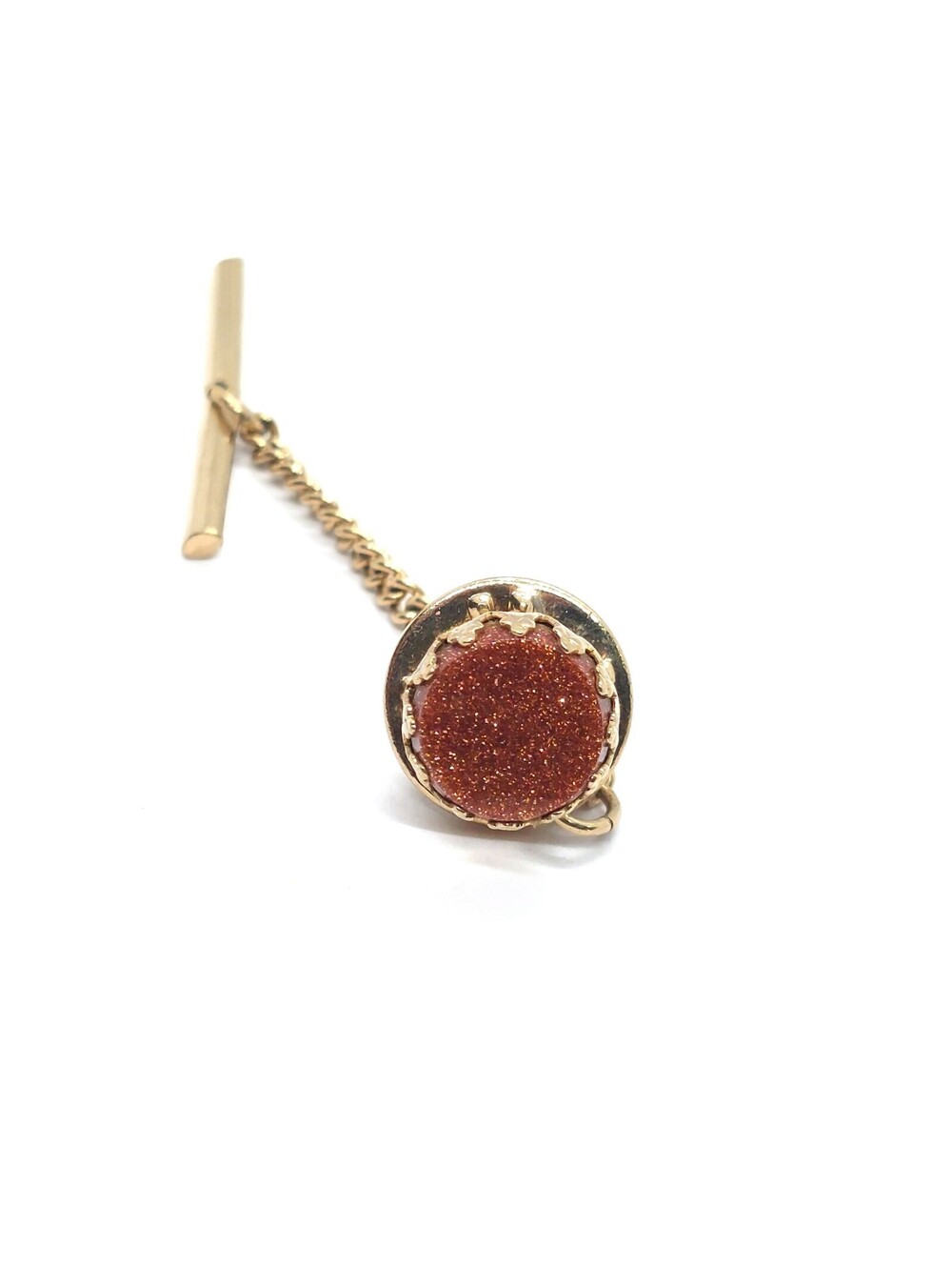 Vintage Gold Chain Pin Sparkling Brown Stone Accent Elegant Retro Gift